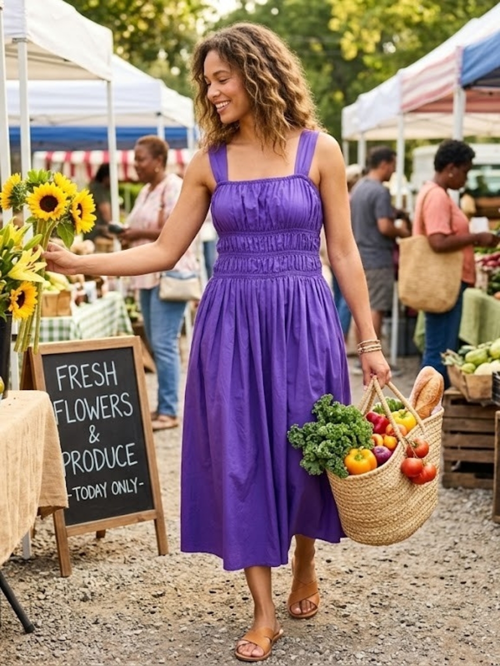 The Drop Smocked Purple Midi Dress with Wide Straps
